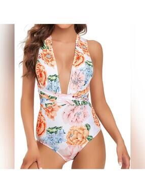 NWT Edel Qual One Piece Plunge V Neck Adjustable Wrap Twist Waist Swimsuit, L
